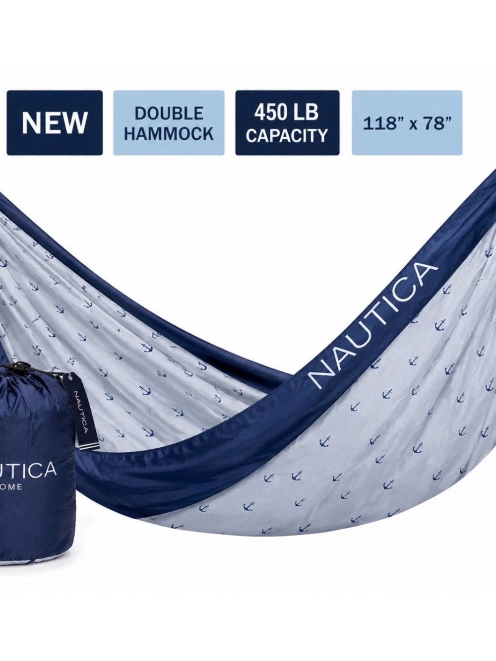 Nautica Home Double Hammock 118x78 Maritime Blue 450lb Capacity NWT